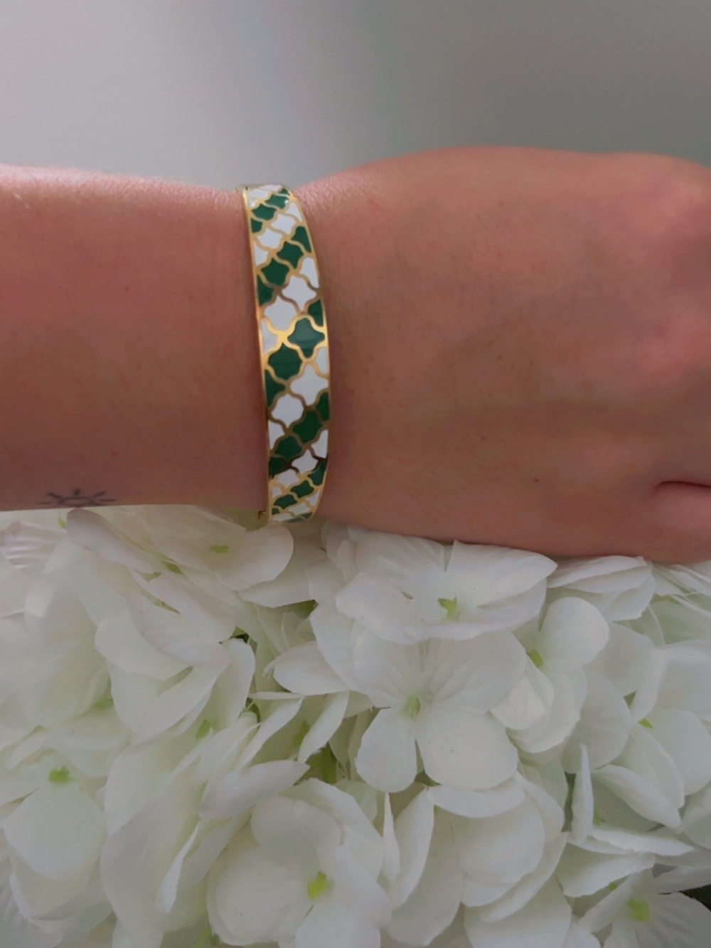 Gold Green and White Enamel Bangle Bracelet